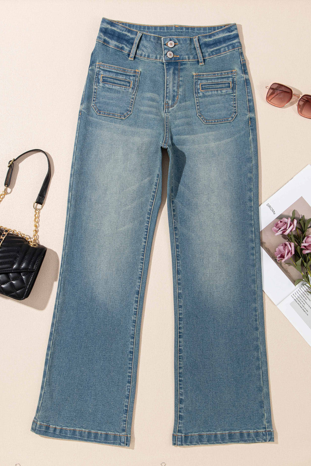 Amyra Double Button Patch Pocket Flare Leg Jeans - Love Salve