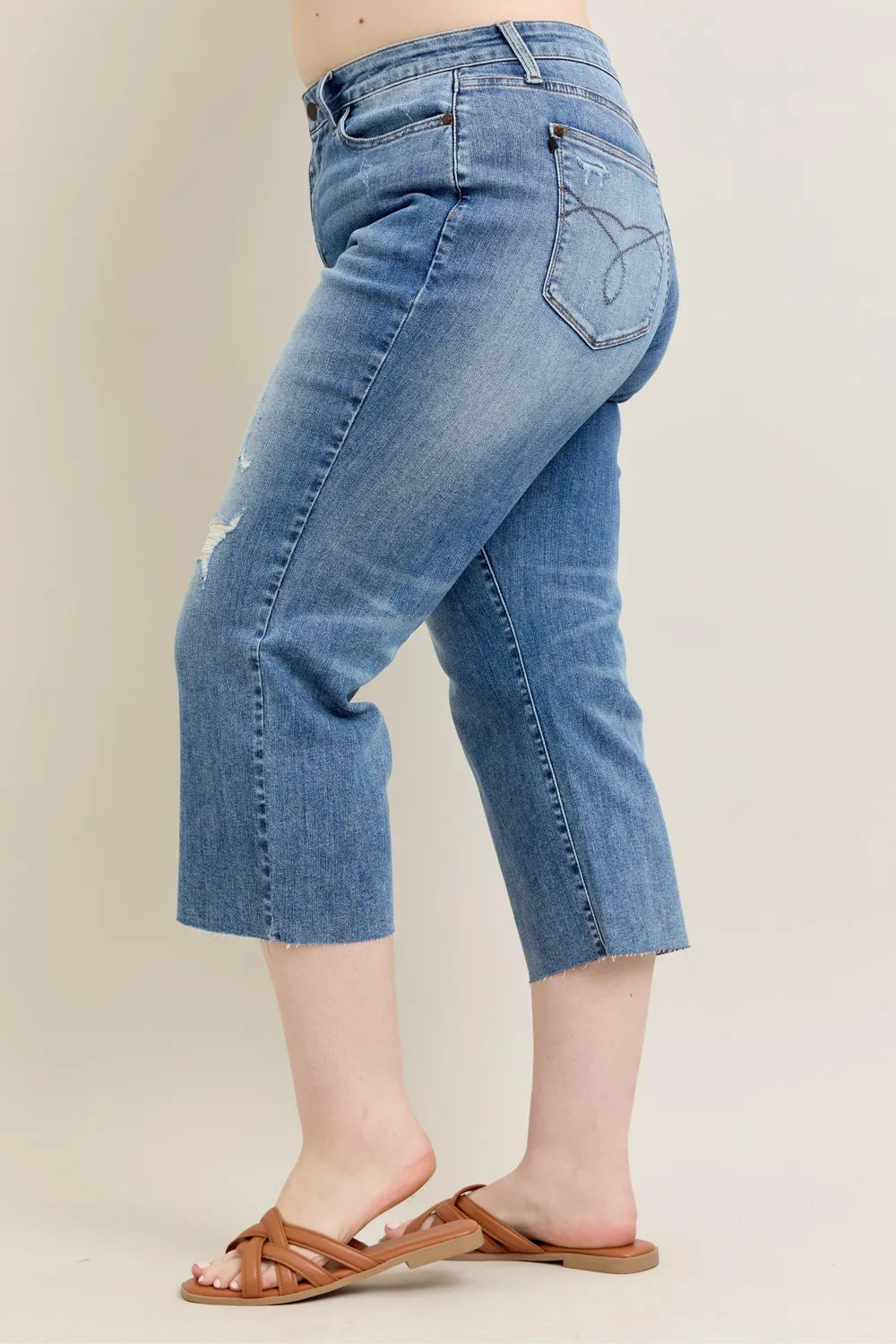 Judy Blue Plus Size High Waist Back Destroyed Raw Cut Hem Crop Wide Leg Jeans - Love Salve