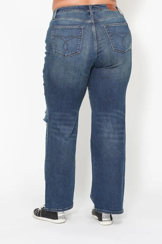 Judy Blue Plus Size High Waisted Ripped Knee Dad Jeans - Love Salve