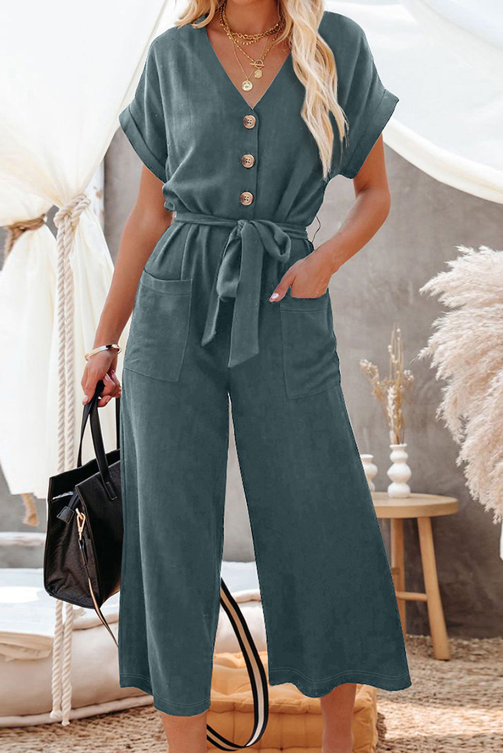 Blue Dolman Button Belted V Neck Wide Leg Jumpsuit