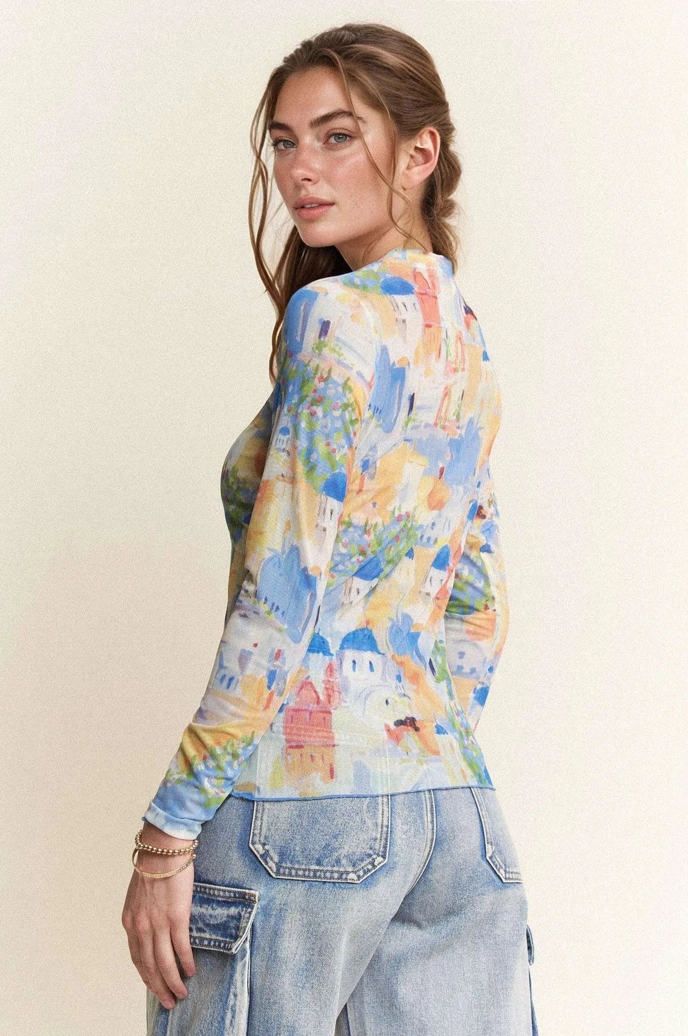 Davi & Dani Multi Printed Mesh Round Neck Long Sleeve Top - Love Salve