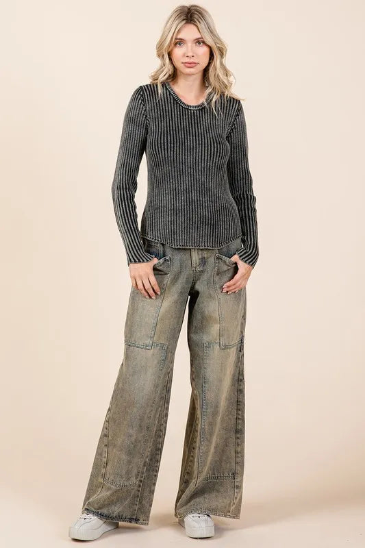 Mittoshop Washed Wide Leg Jeans With Pockets - Love Salve