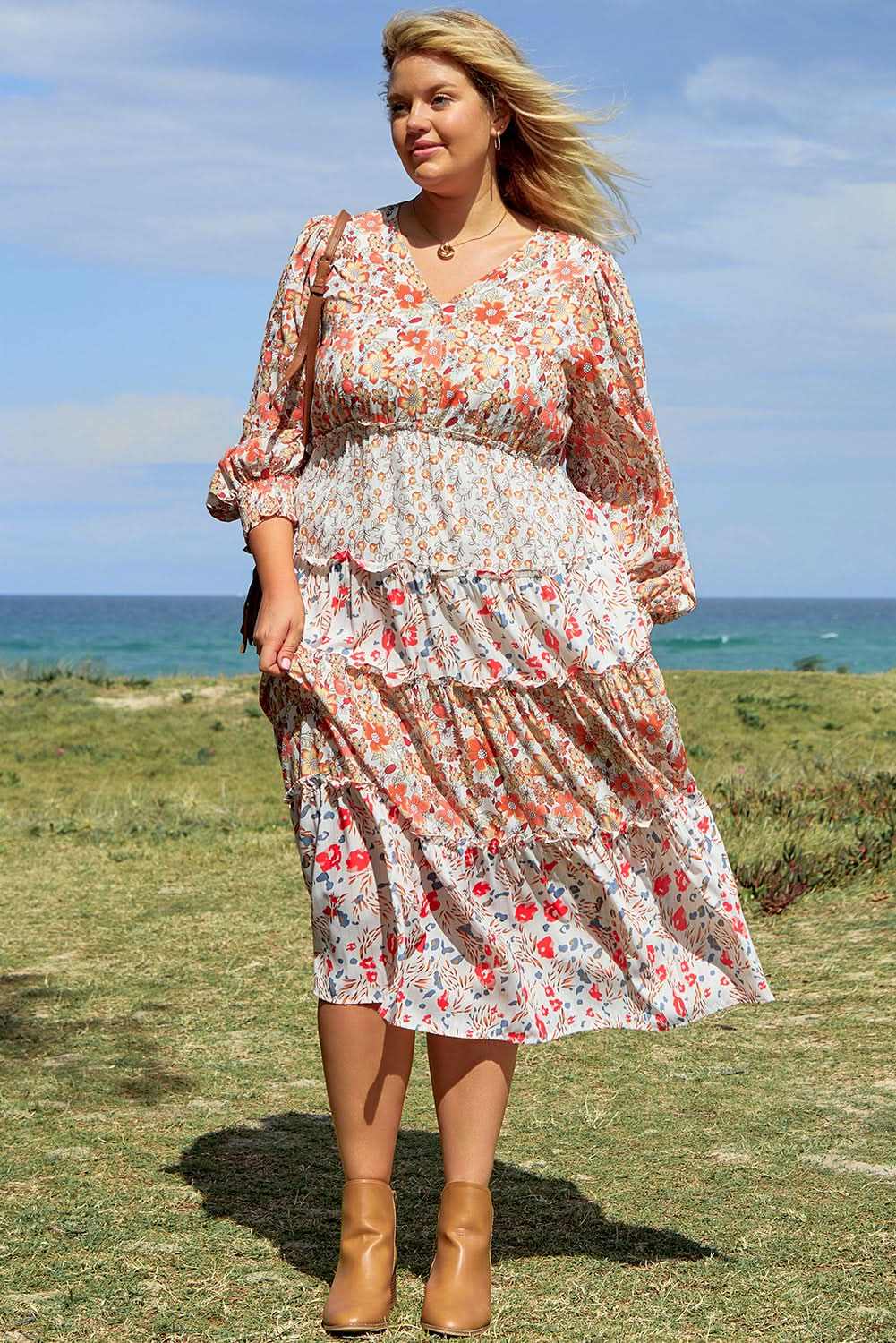 Khaki floral plus size maxi dress - Love Salve