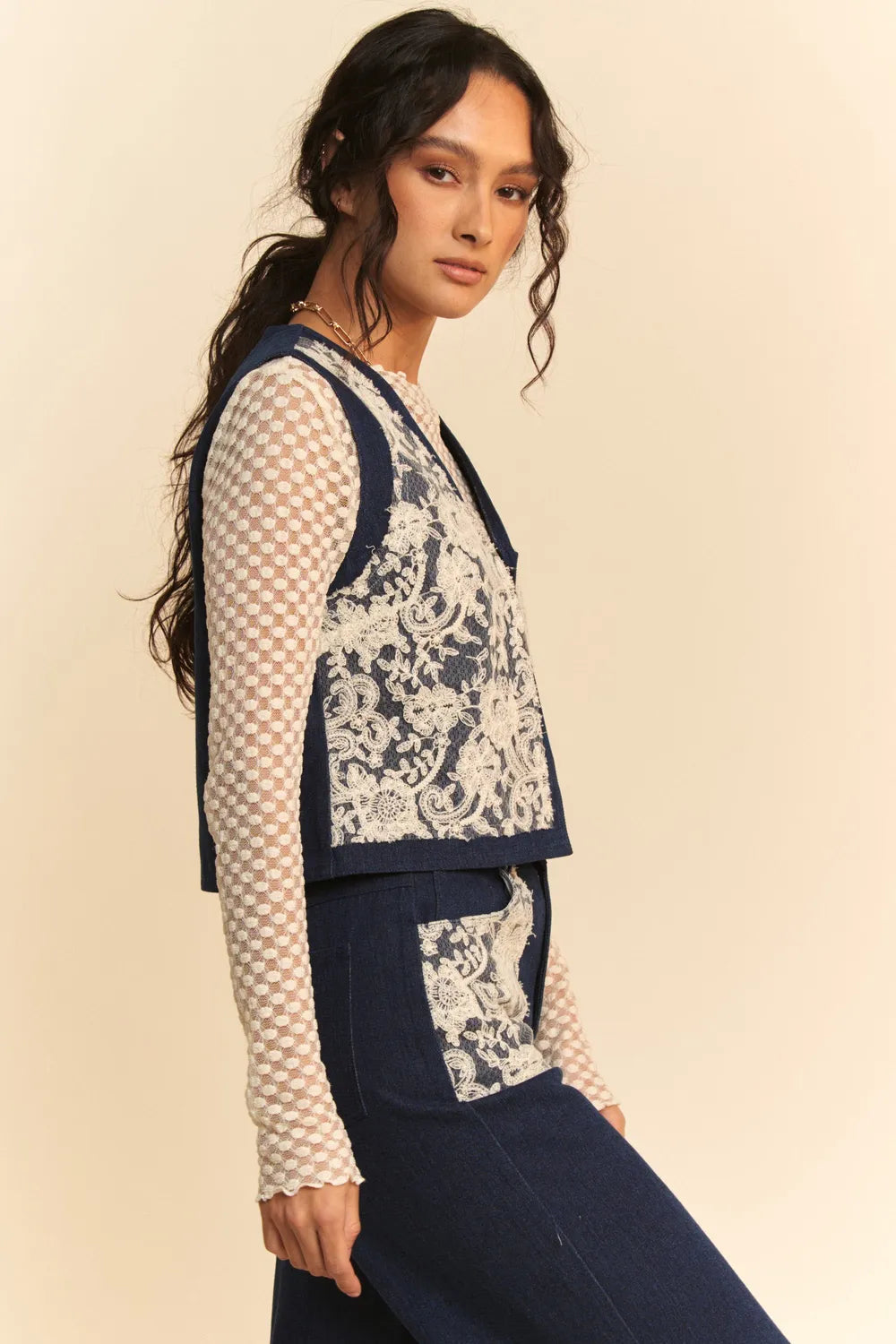 Davi and Dani Lace Patch Open Front Denim Vest - Love Salve