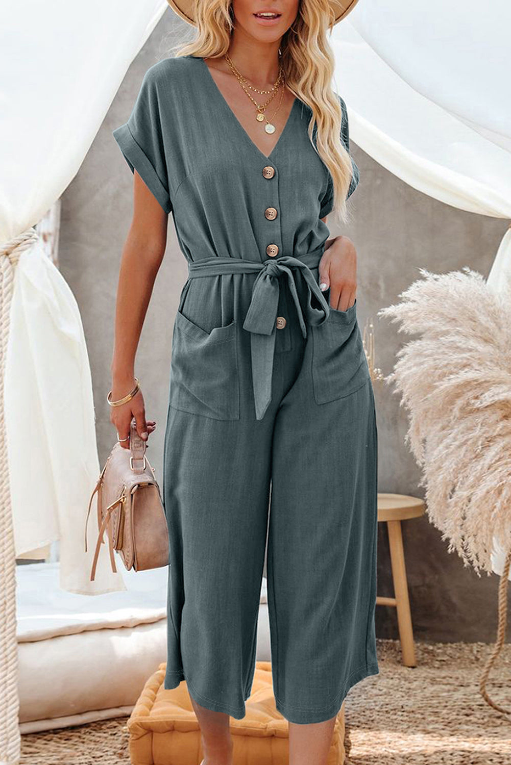 Blue Dolman Button Belted V Neck Wide Leg Jumpsuit