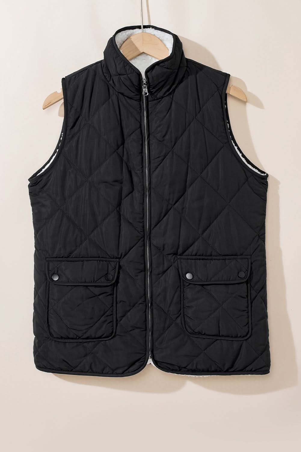 Black Fleece Lined Quilted Zip up Vest Coat - Love Salve