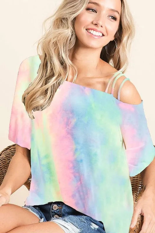 BiBi Tie Dye French Terry Strapped One Shoulder Top - Love Salve