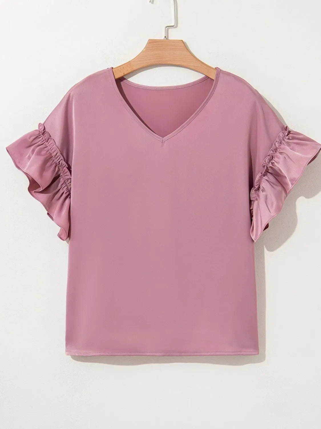 Toadstool Satin Ruffle Sleeve Top – Dusty Pink