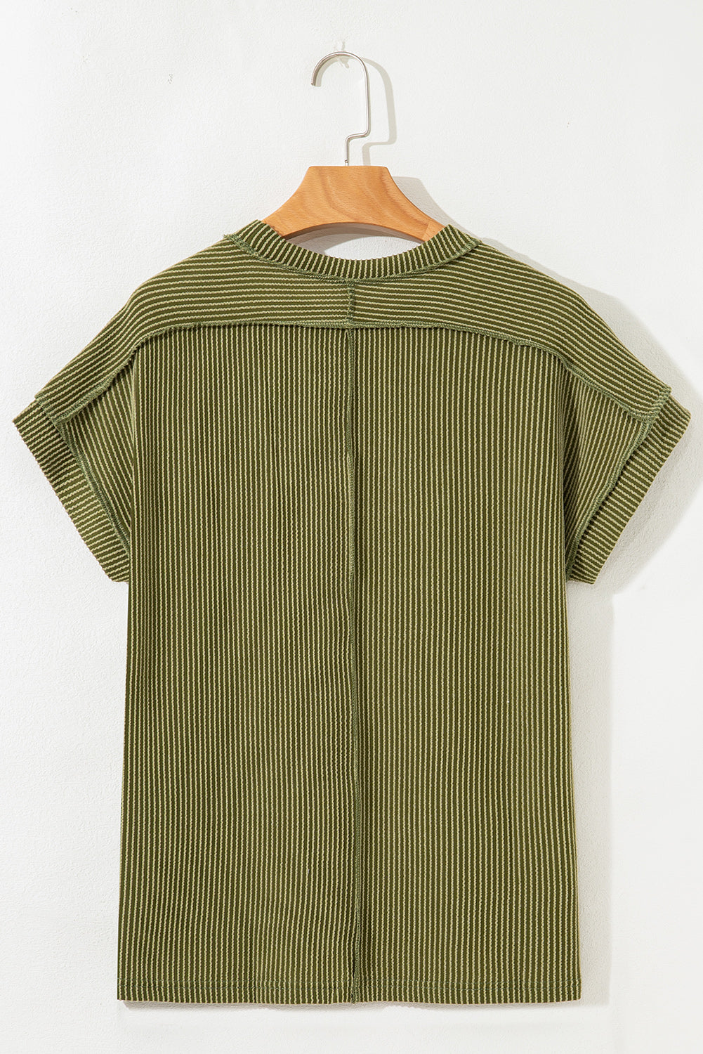 Jungle Green Textured Knit T Shirt with Exposed Stitching