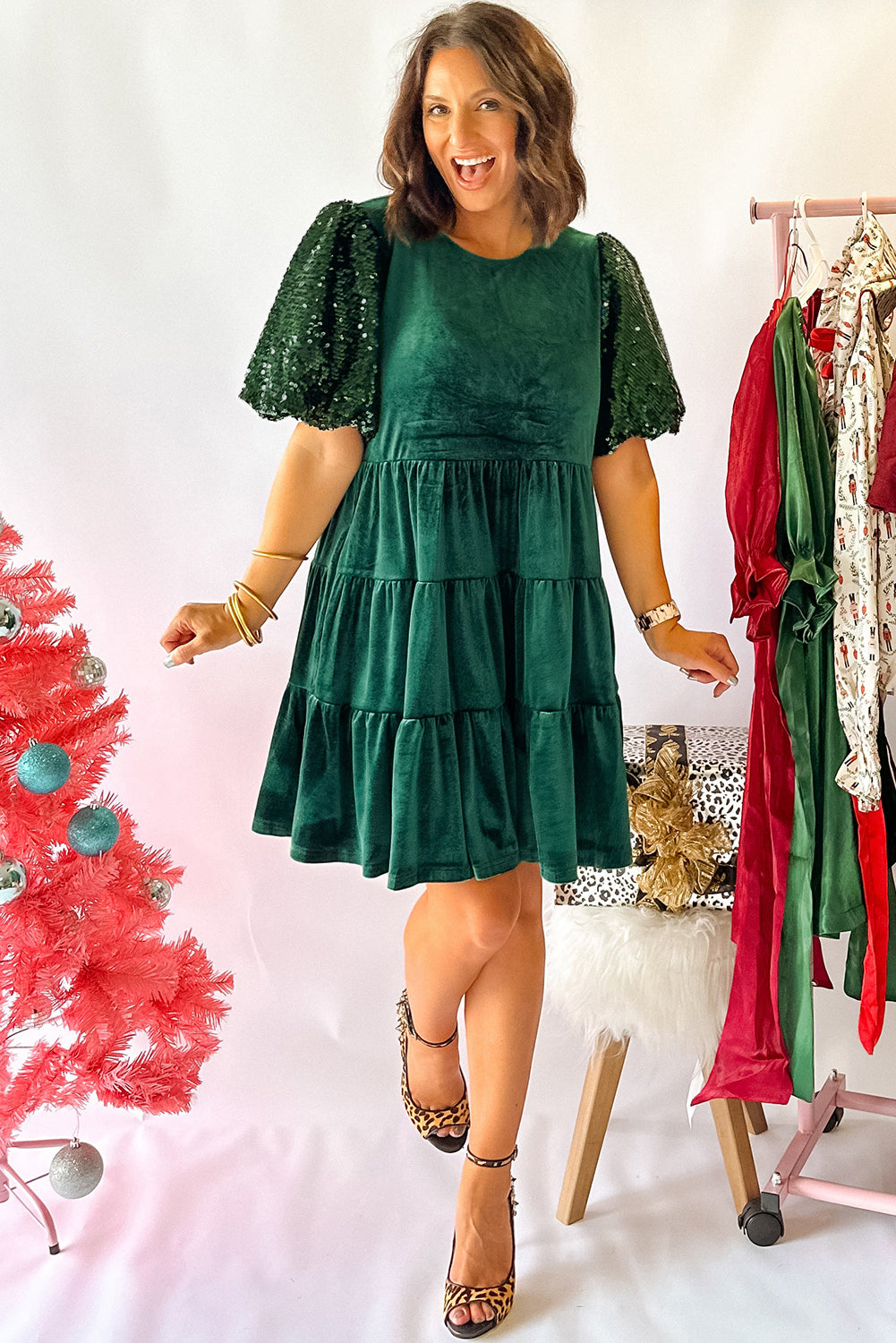 Evergreen Sequin Puff Sleeve High Waist Velvet Mini Dress