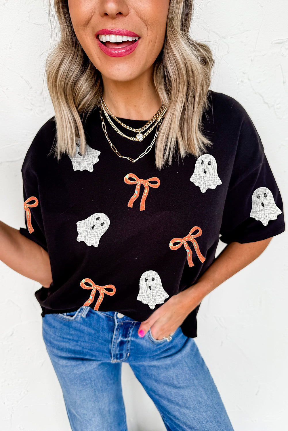 Premium Black Sequin Bow Ghost Patch Halloween Graphic Tee