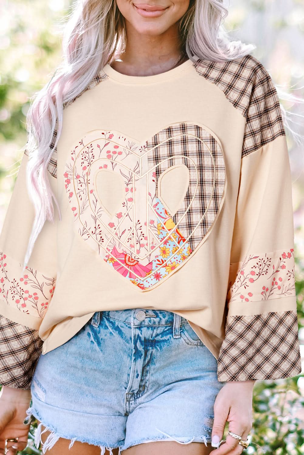 Beige Plaid Floral Peace Heart Graphic Wide Long Sleeve Top - Love Salve