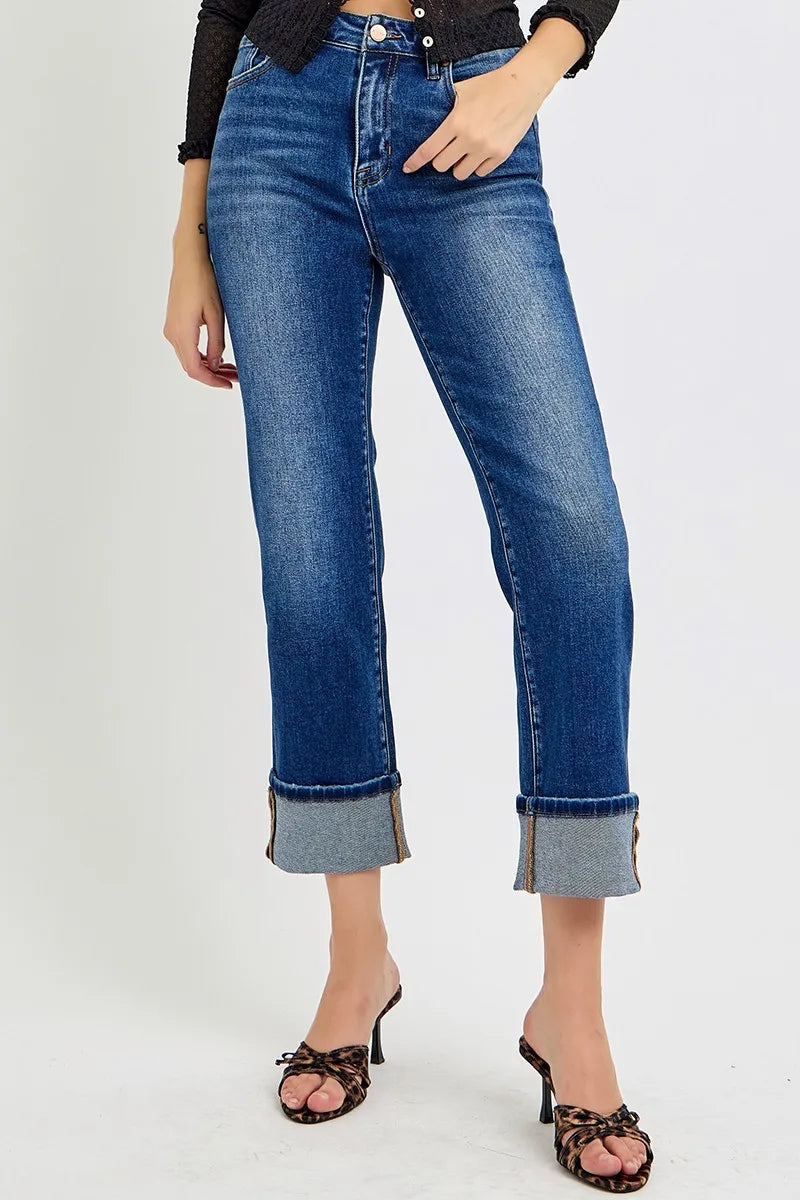 Risen Full Size High Rise Ankle Straight Cuffed Jeans Plus Size - Love Salve