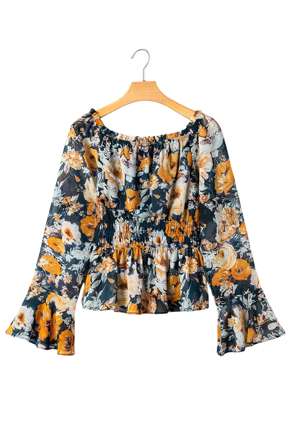 Premium Blue Floral Off Shoulder Bell Sleeve Smocked Peplum Top