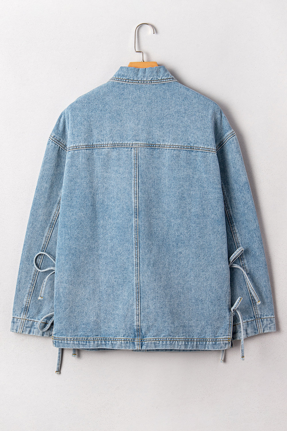 Beau Blue Patchwork Pockets Side Tie Boyfriend Denim Jacket