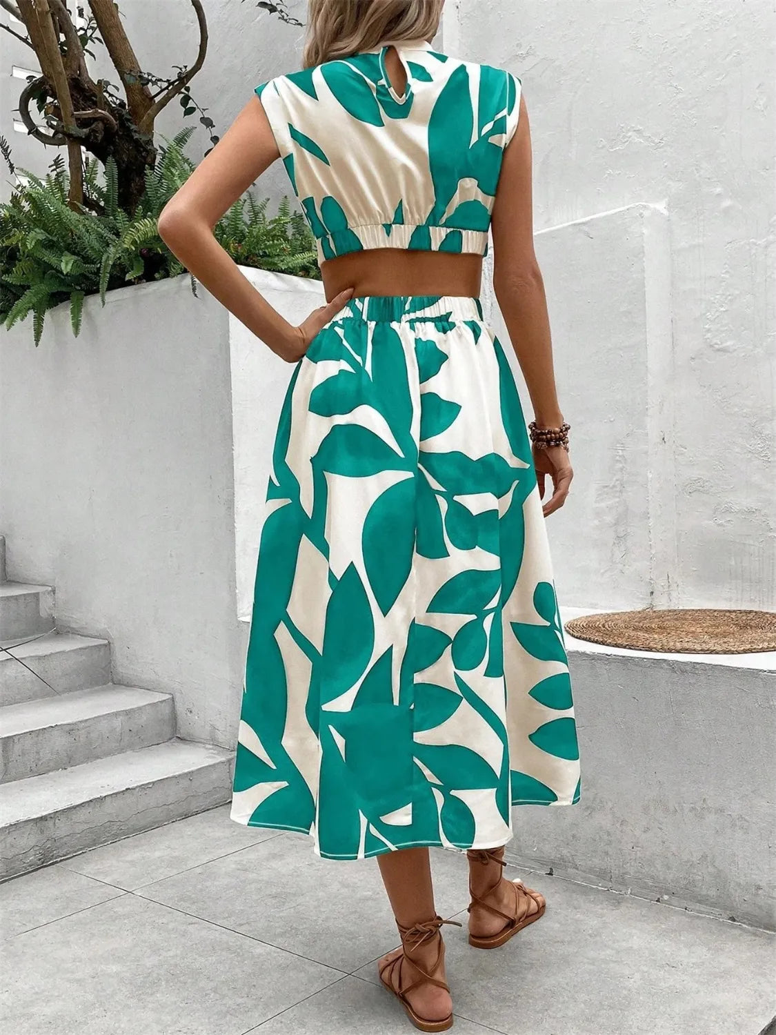 Tropical Cutout Cap Sleeve Midi Dress