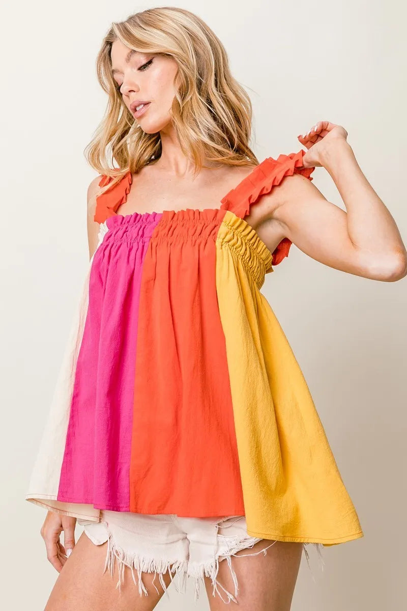 BiBi Frill Shoulder Strap Color Block Bodice Top - Love Salve