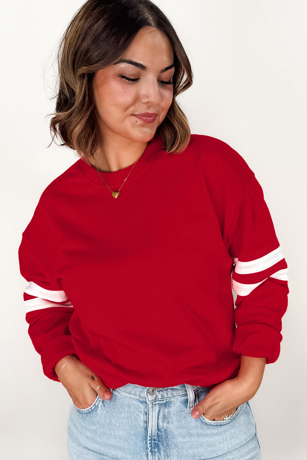 Fiery Red Varsity Striped Detail Crew Neck Plus Sweatshirt