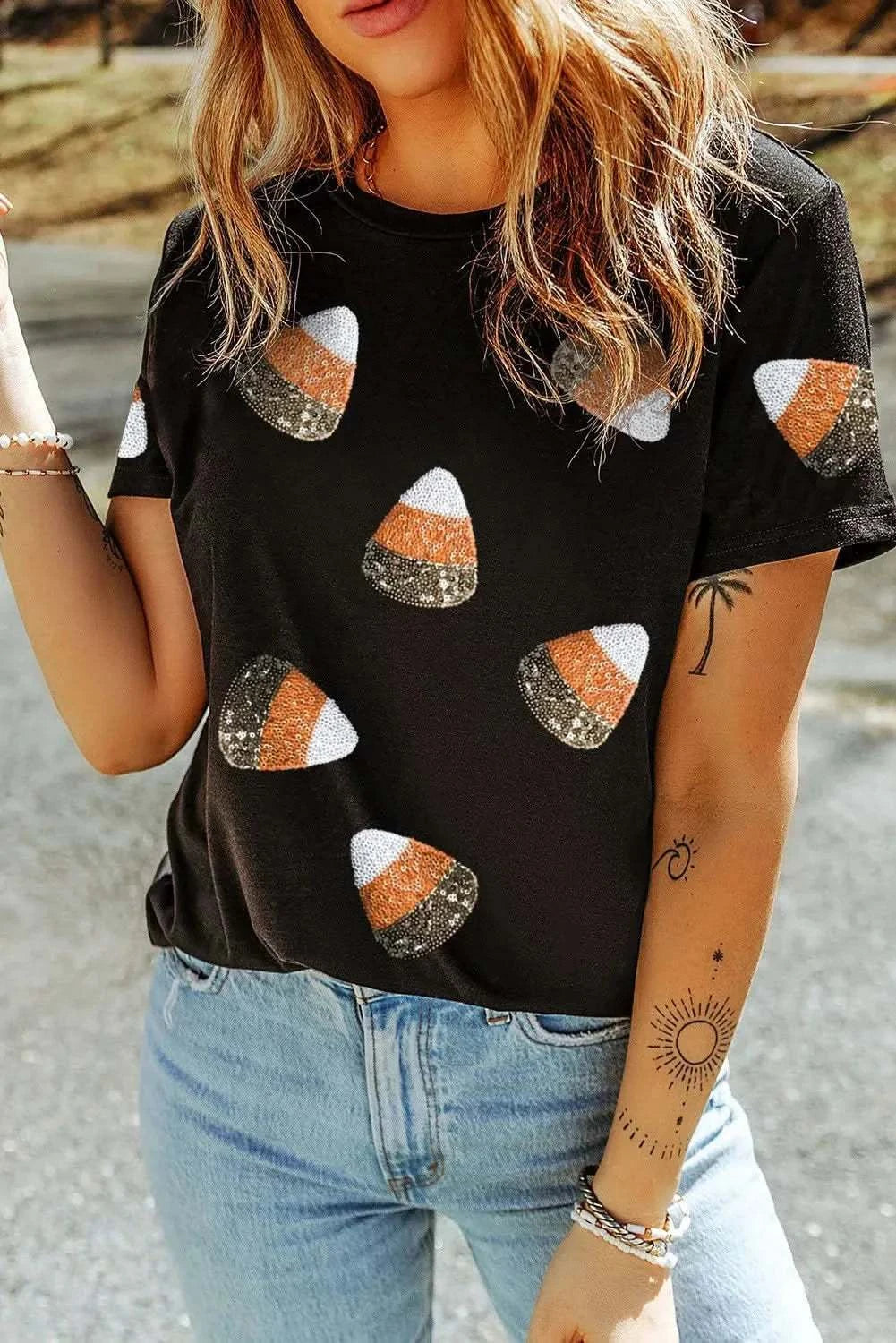 Sequin Round Neck Short Sleeve T-Shirt with sheer design and bold shimmer