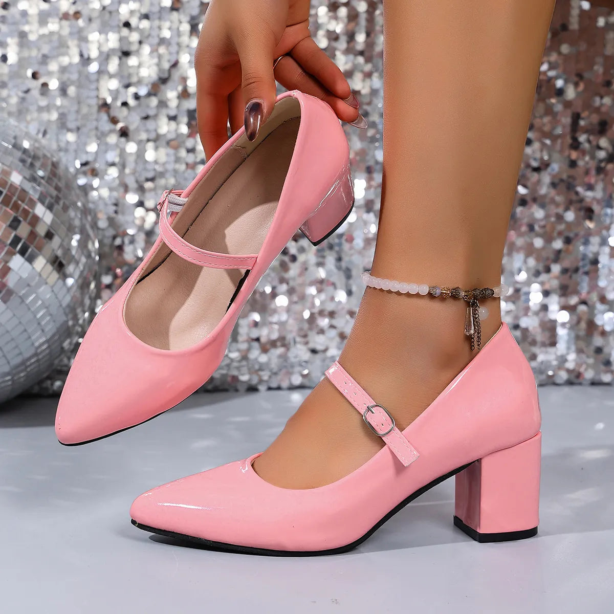 Glam Point Toe Block Heel Pumps