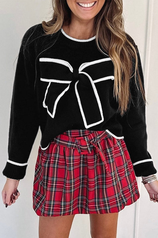 Black Contrast Trim Big Bow Accent Holiday Cropped Sweater Dear-Lover Dropshipping