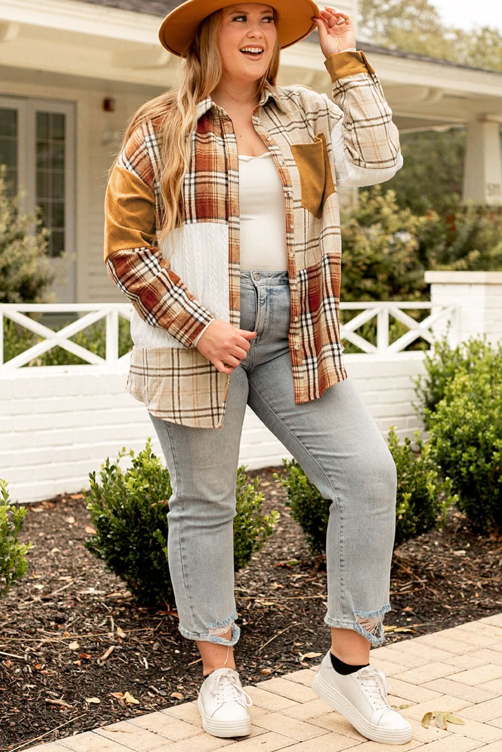 Golden apricot plaid shacket plus size - Love Salve