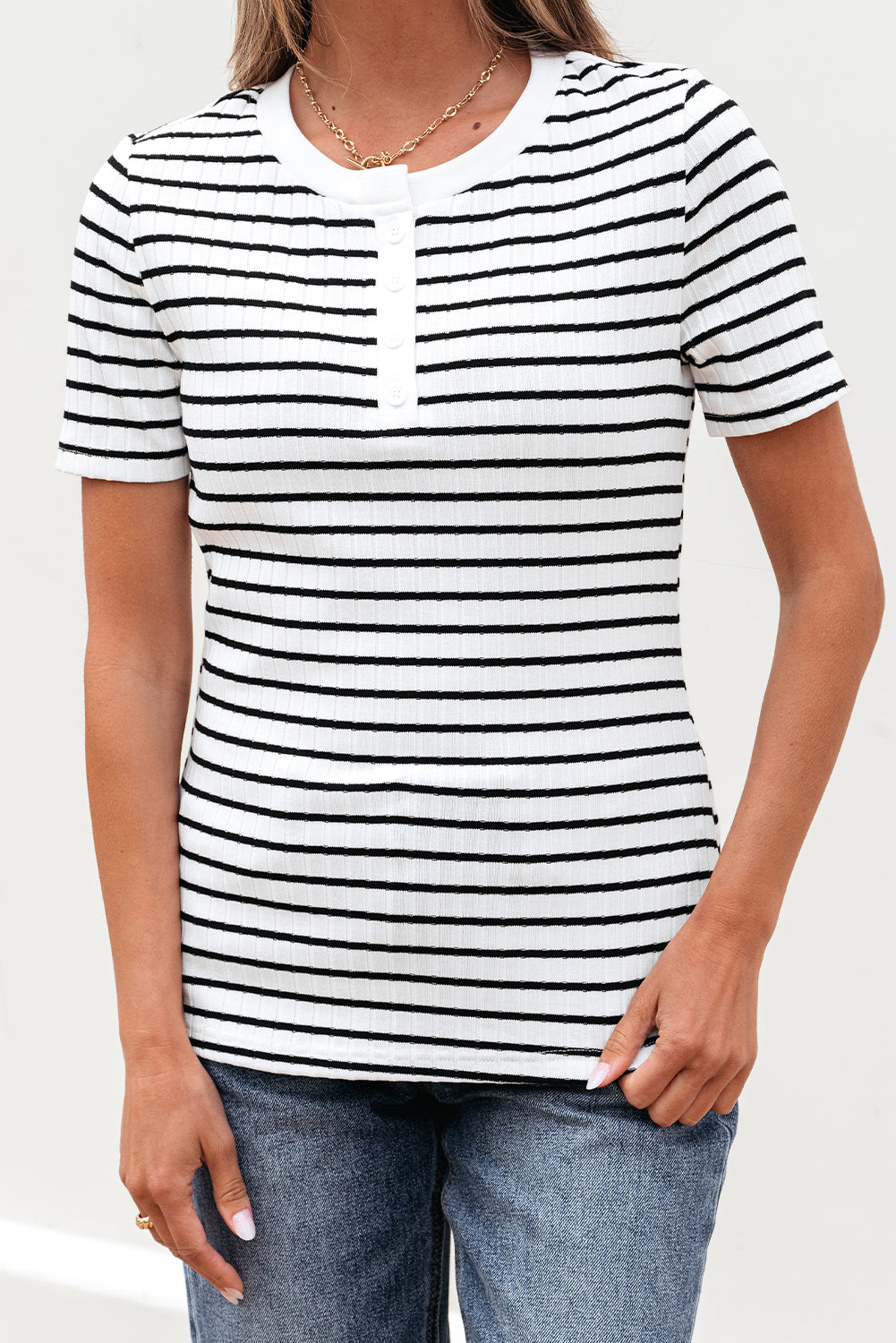 White Stripe Textured Short Sleeve Buttoned Henley Top Style