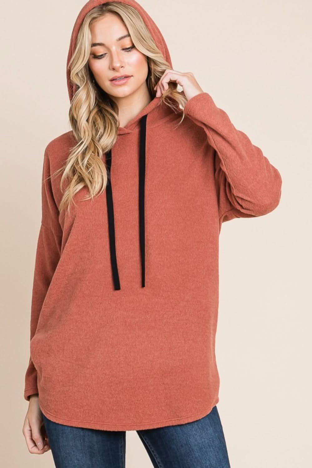 BOMBOM Contrast Drawstring Drop Shoulder Knit Hoodie - Love Salve