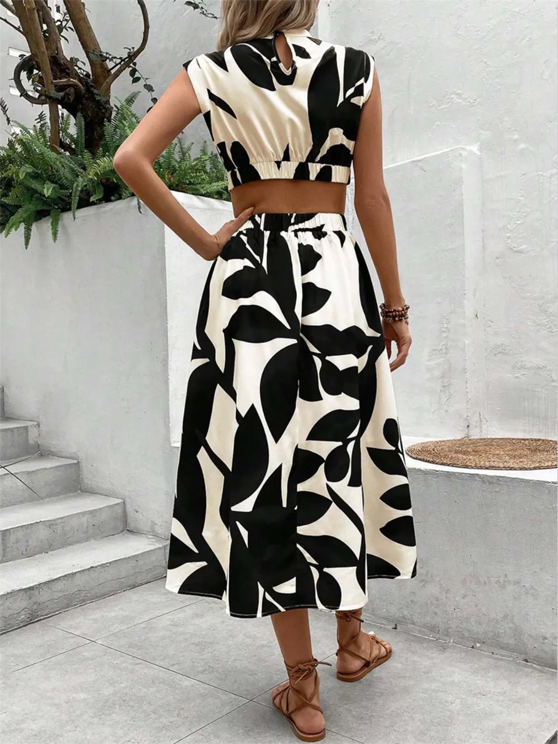 Tropical Cutout Cap Sleeve Midi Dress
