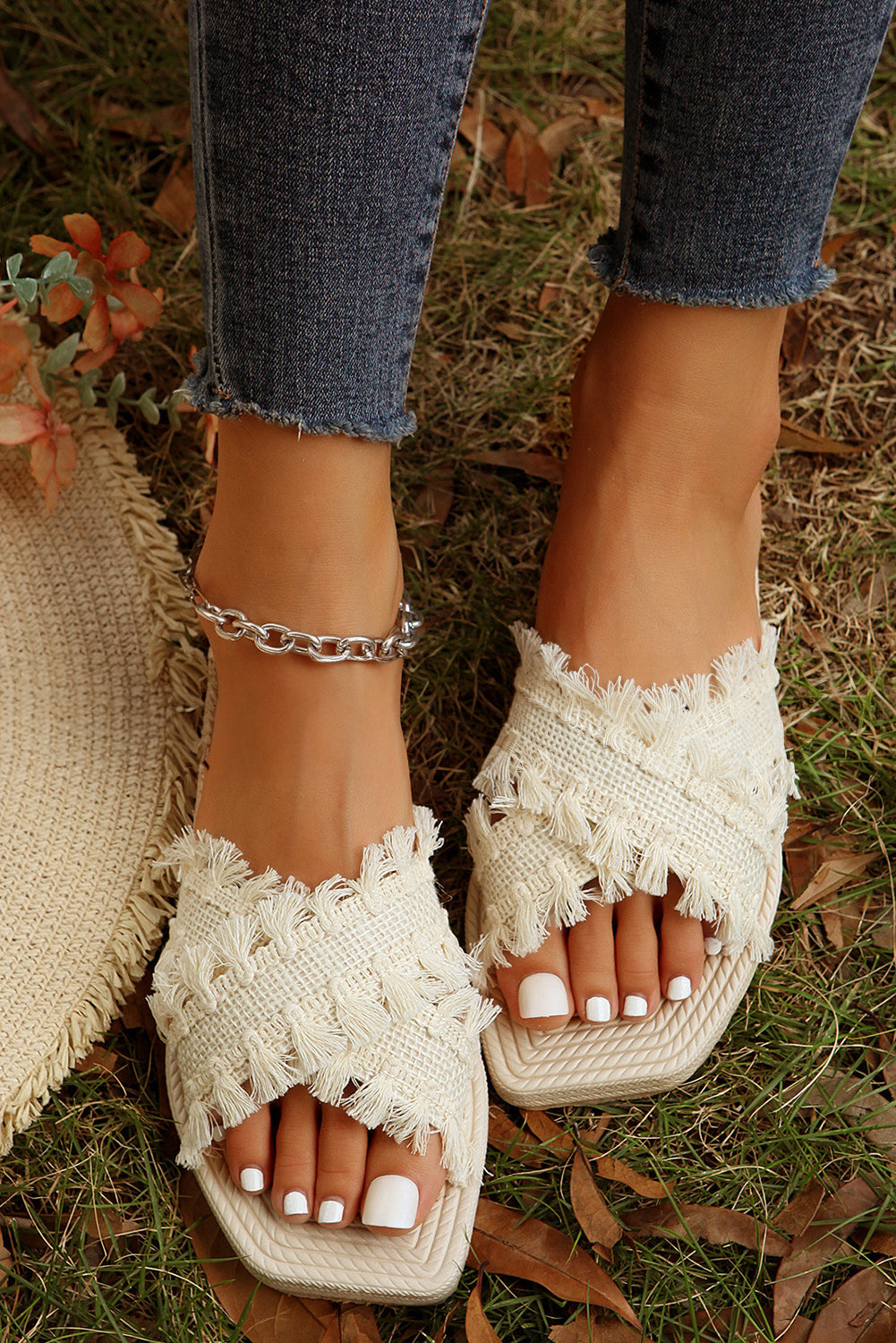 Vada Tassel Woven Cross Strap Flat Slippers - Love Salve