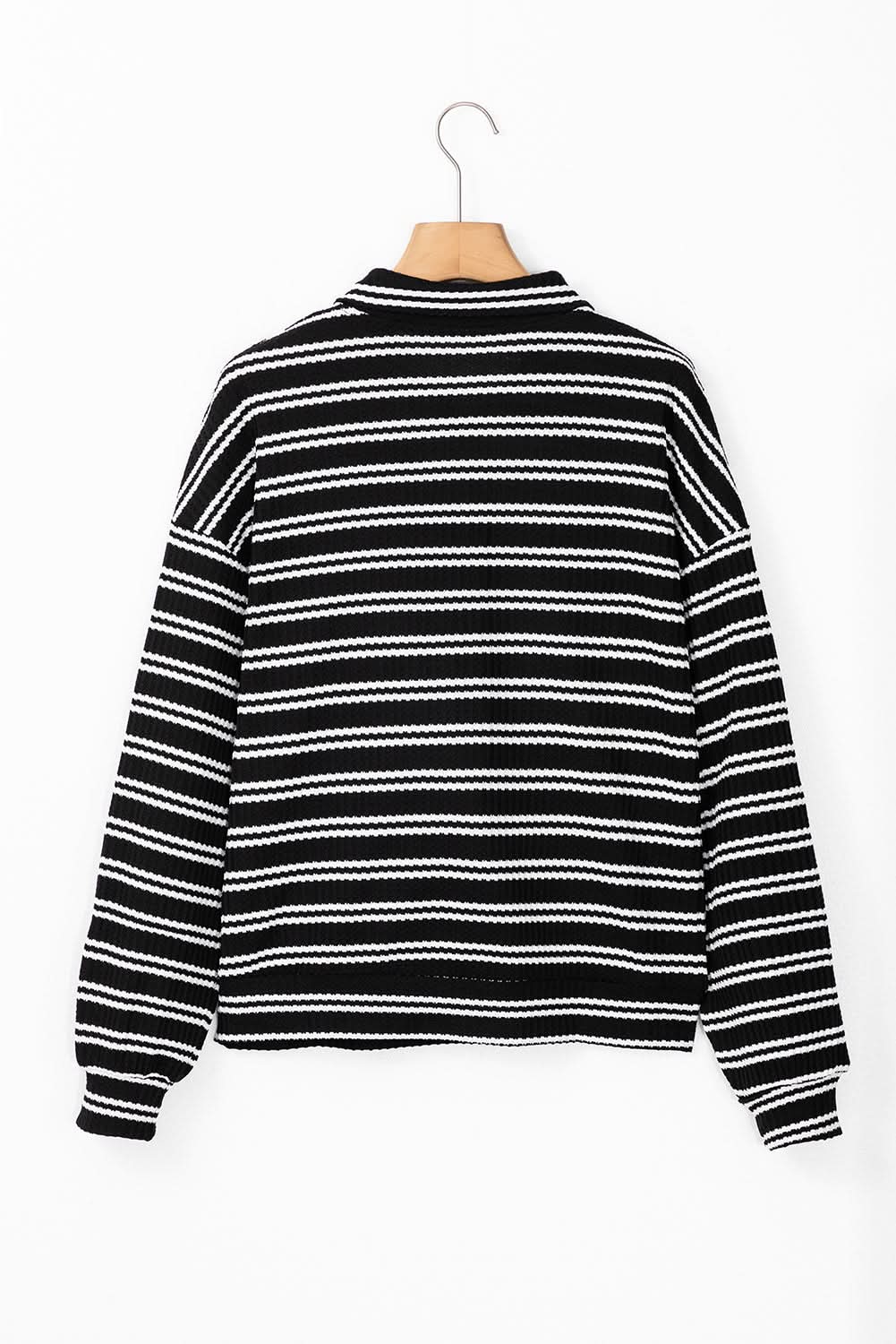 Black Stripe Textured Quarter Zip Collar Long Sleeve Top - Love Salve