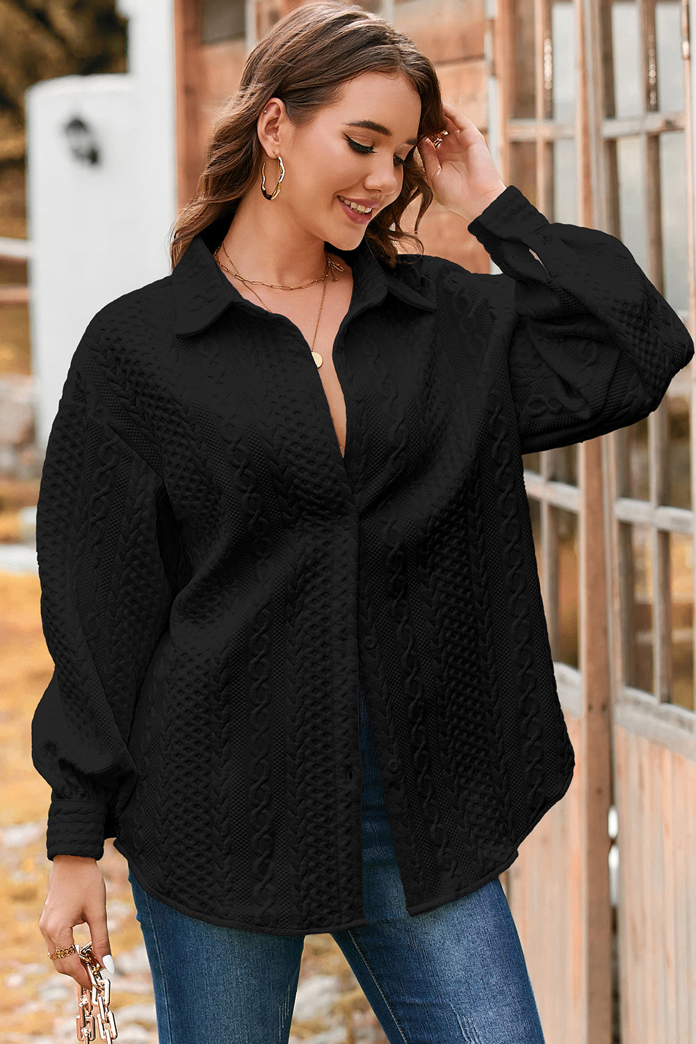 Premium Black Cable Texture Puff Sleeve Shacket Loose Fit Outerwear