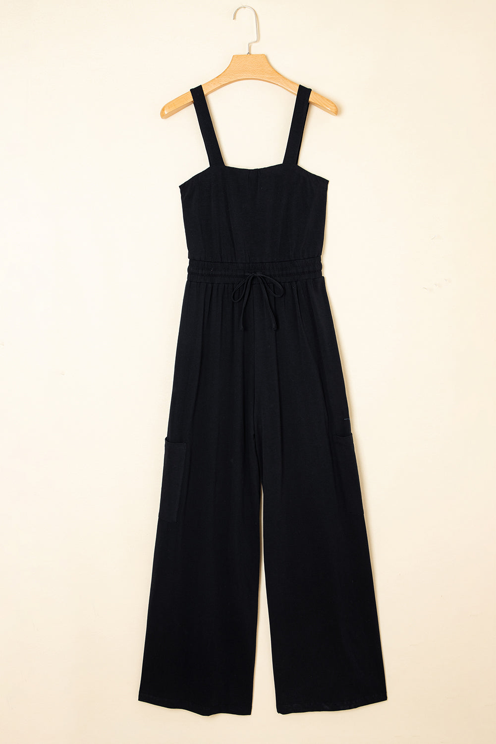 Black Drawstring Wide Leg Cargo Pockets Sleeveless Jumpsuit