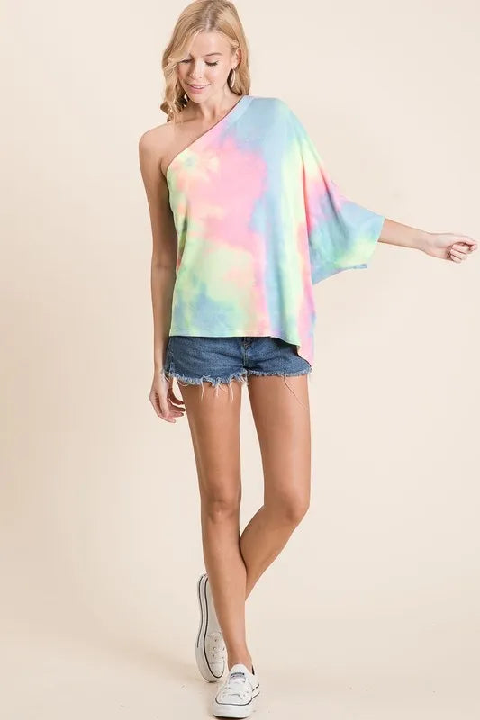BiBi Tie Dye French Terry One Shoulder Top with Dolman - Love Salve