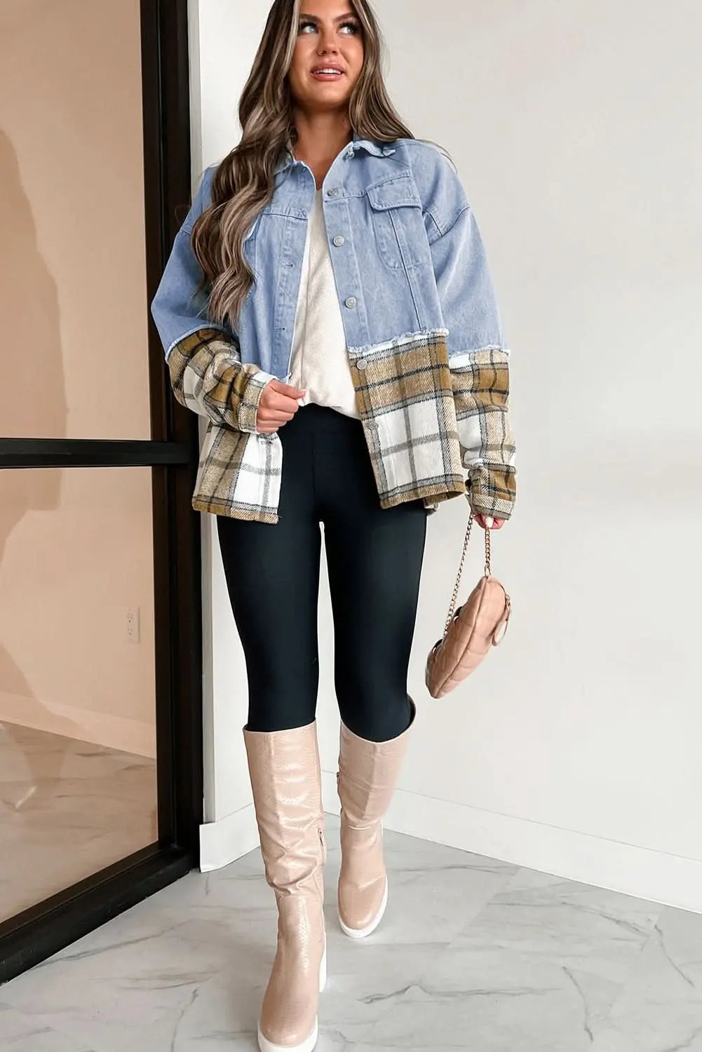 Khaki Plaid Patchwork Buttoned Oversized Denim Jacket - Love Salve