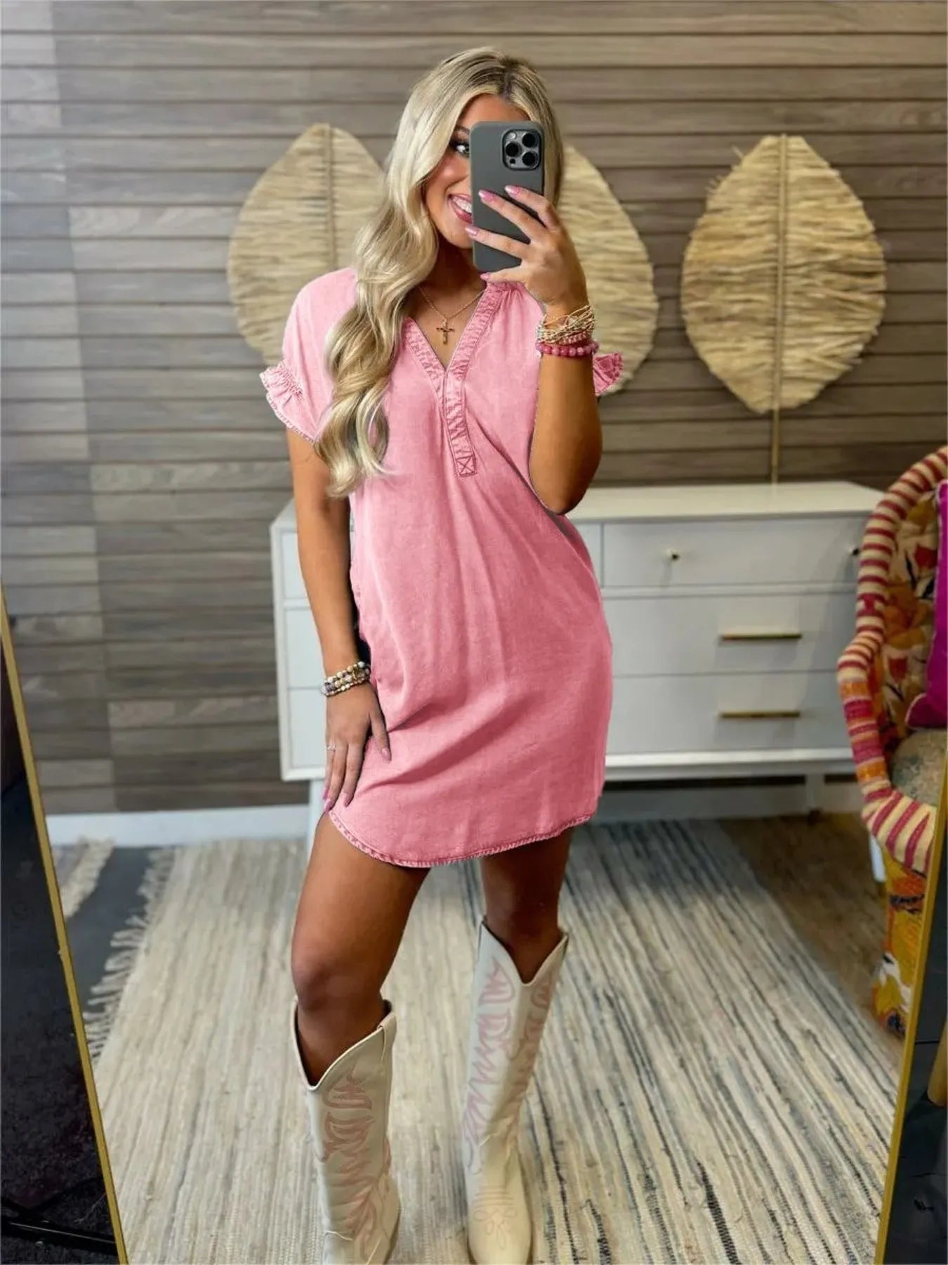 Full Size V-Neck Short Sleeve Denim Dress Plus Size