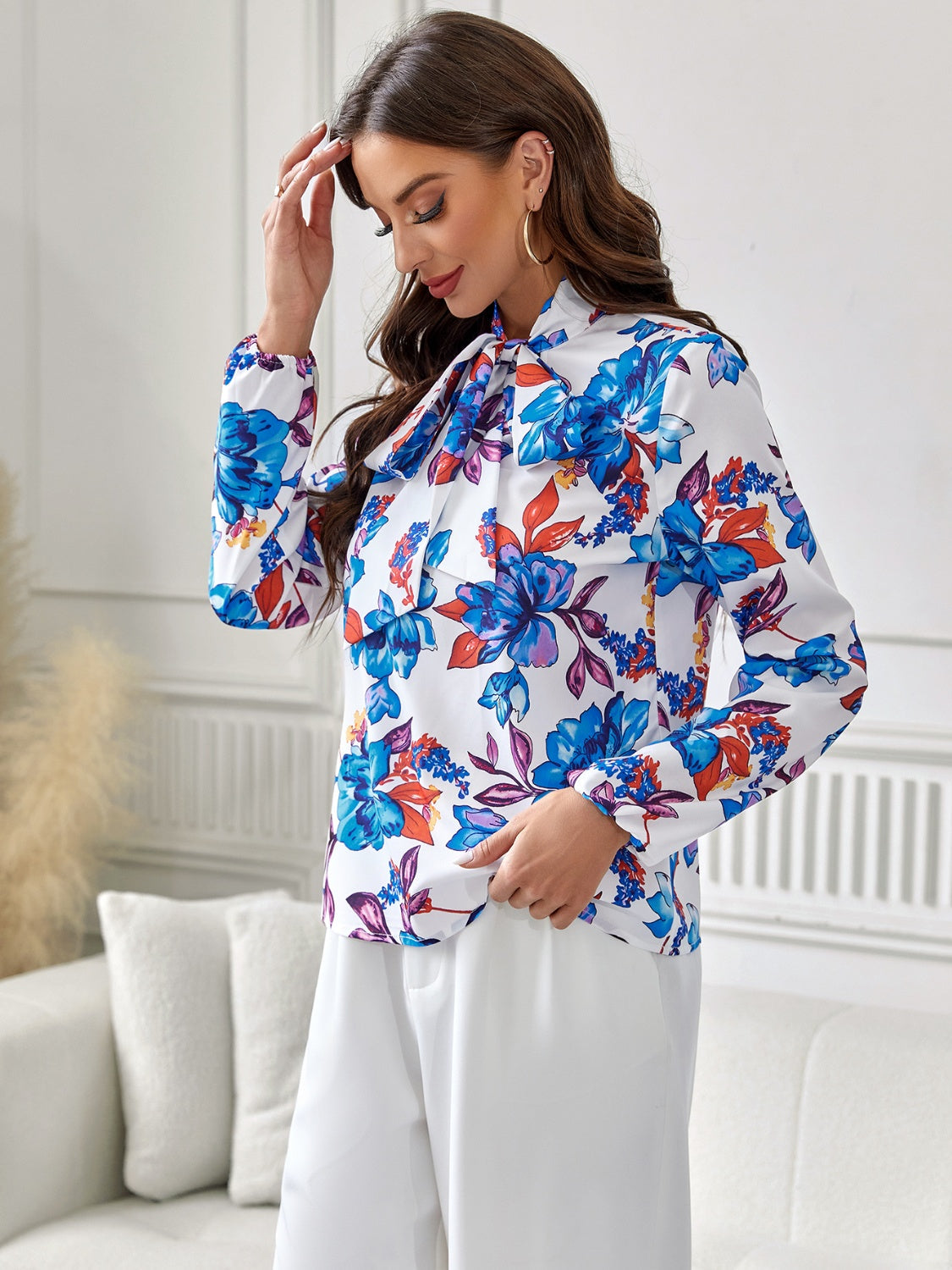 Bold Blooms Tie-Neck Blouse – Elegant Floral Statement Top