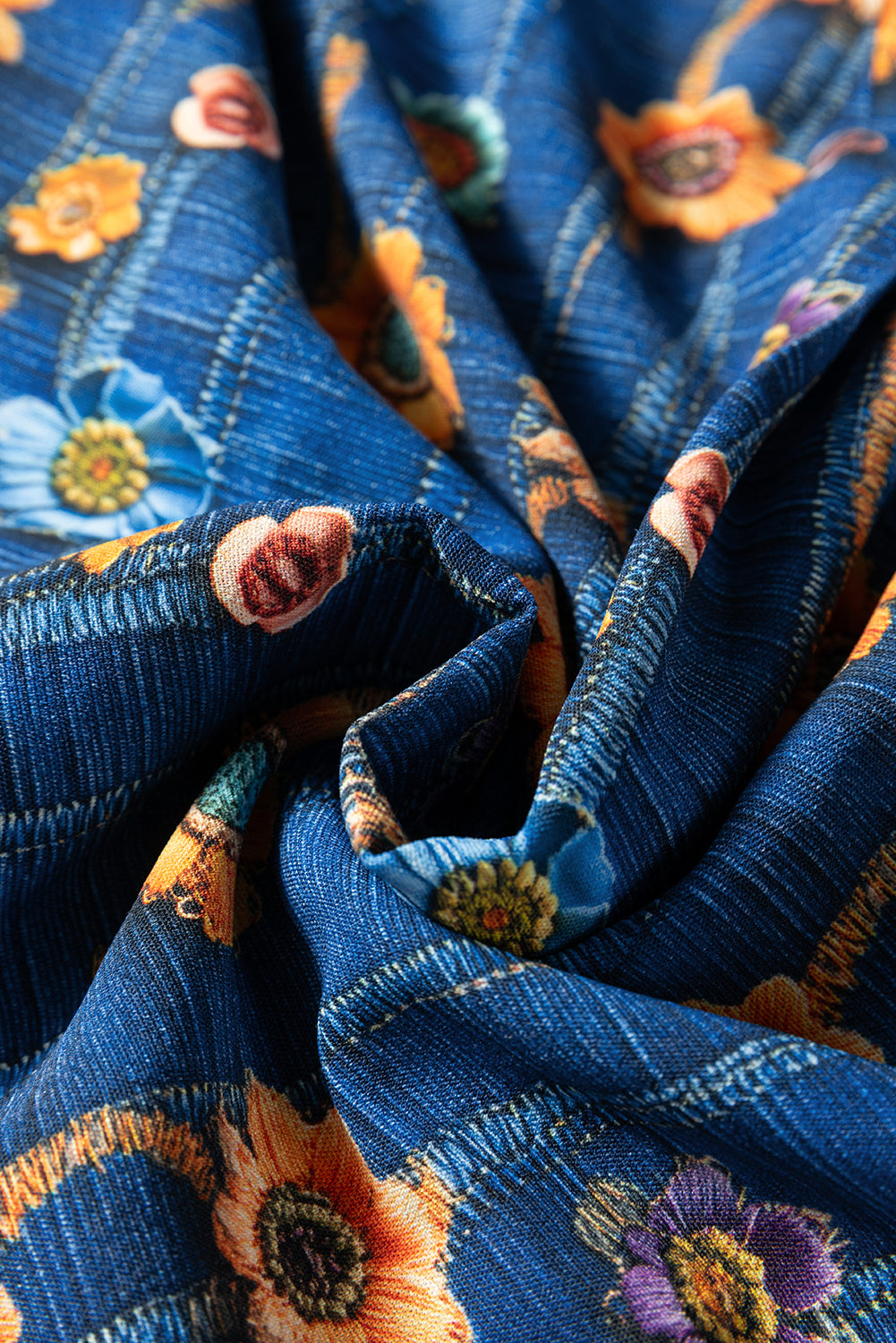 Premium Blue Floral Collared V Neck Roll Up Sleeve Blouse
