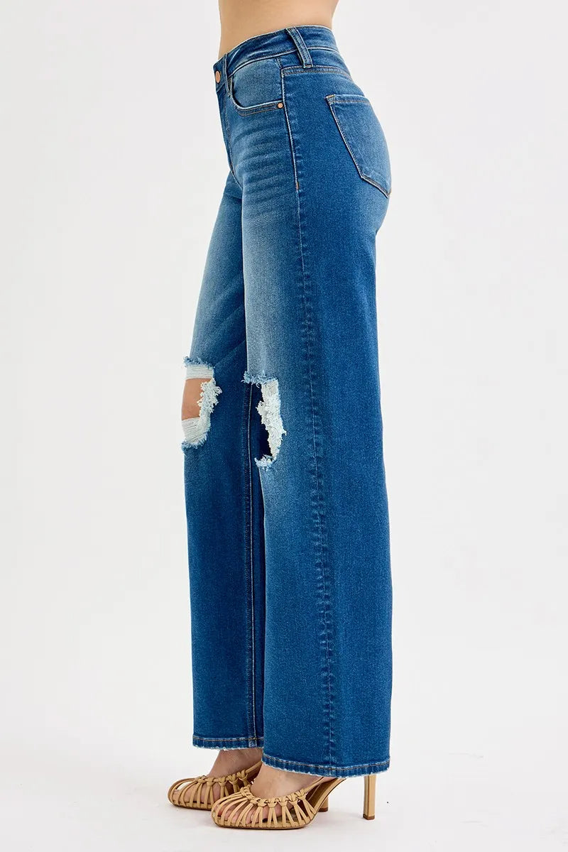 Risen Full Size Mid Waist Fit Boyfriend Knee Distressed Jeans Plus Size - Love Salve