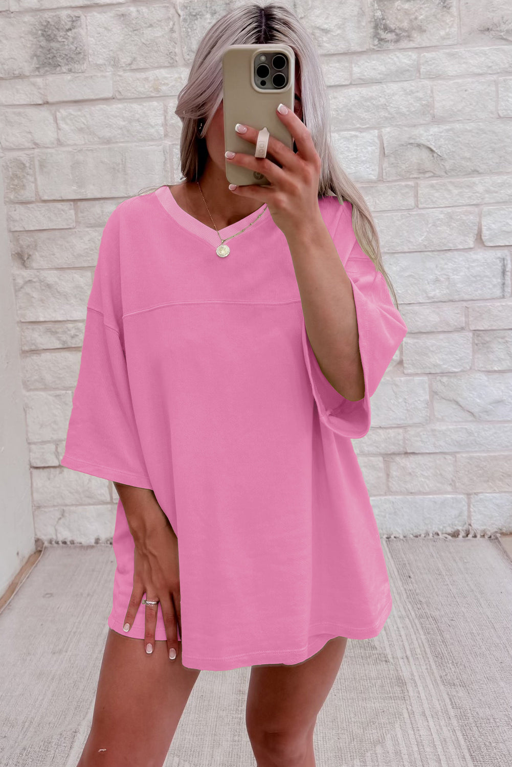 Bonbon Solid Loose V Neck Half Sleeve Tee and Shorts Set
