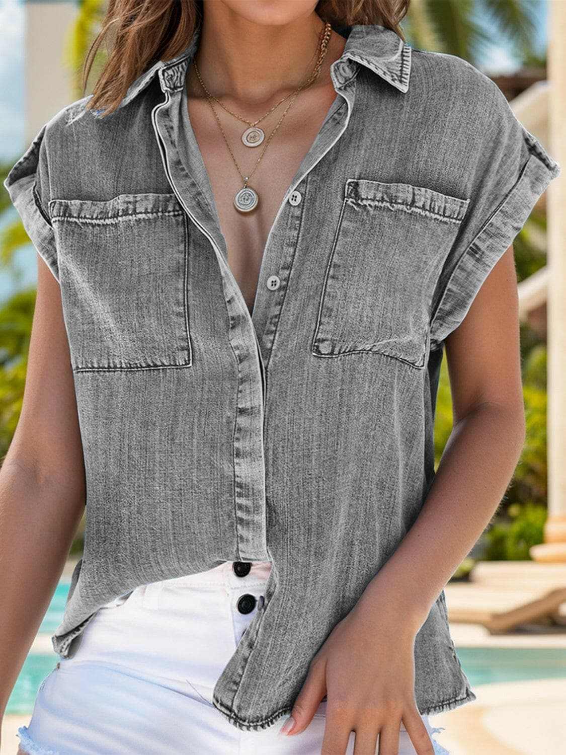Chic denim collared top, cap sleeves - Love Salve