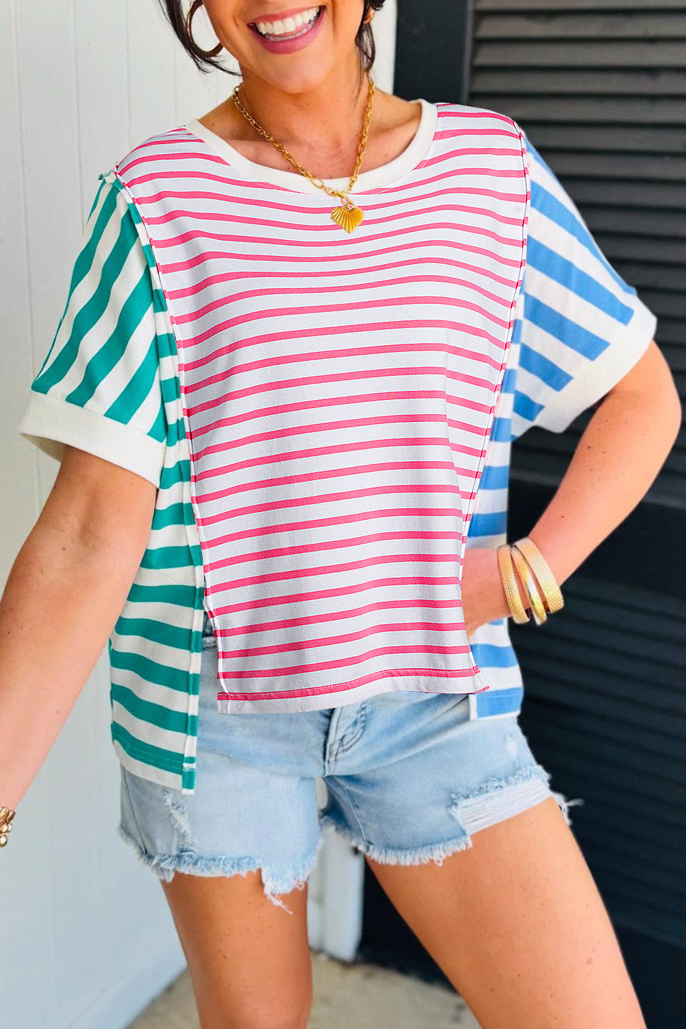 Pink Stripe Mixed Pattern Patchwork Uneven Hem Loose Tee