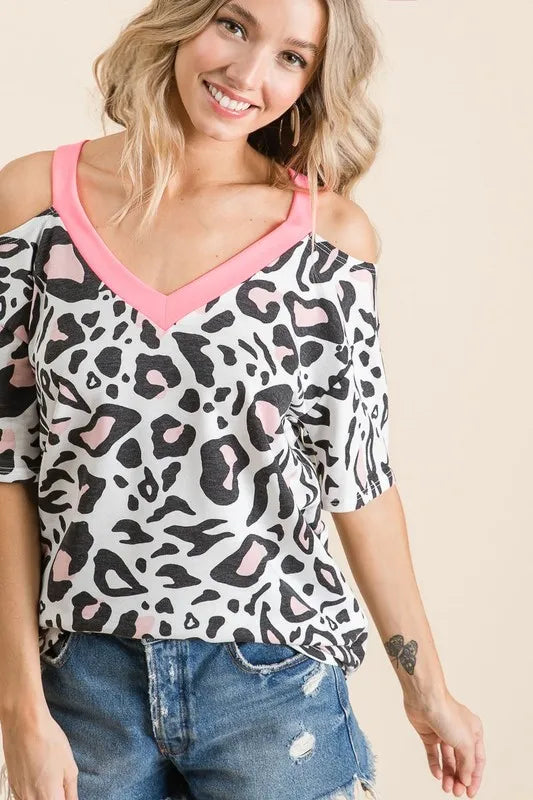 BiBi Leopard Print Top with Shoulder Cut Out - Love Salve