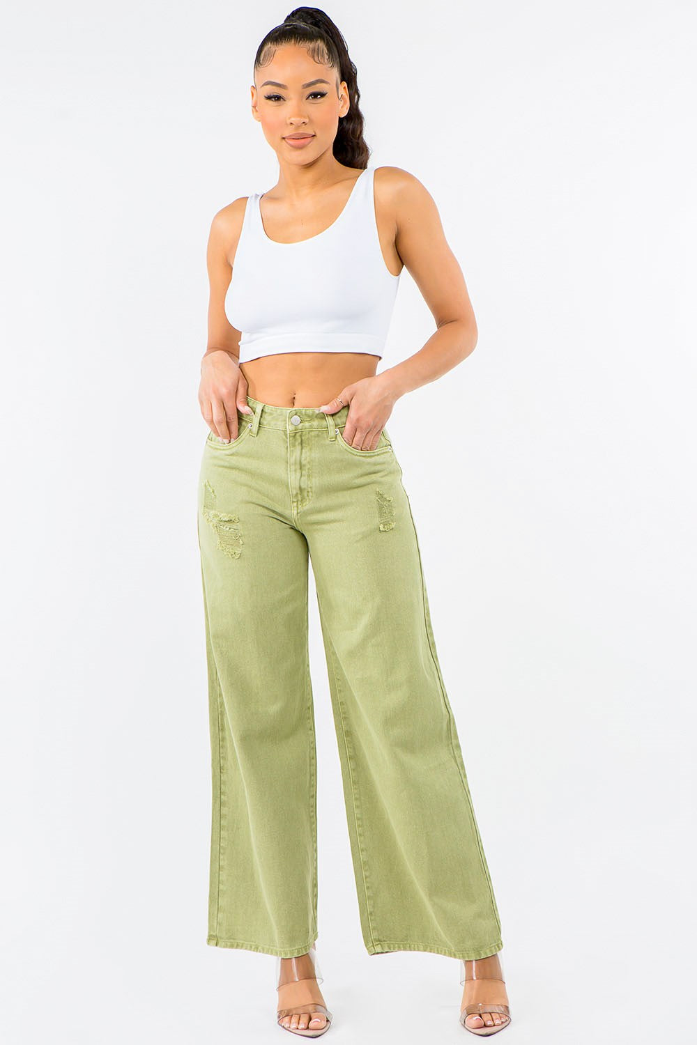 American Bazi High Waist Distressed Wide Leg Jeans - Love Salve