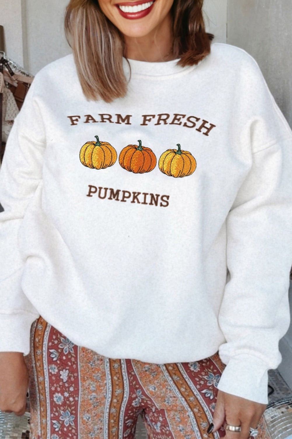 Premium White Farm Fresh Pumpkins Embroidered Holiday Sweatshirt