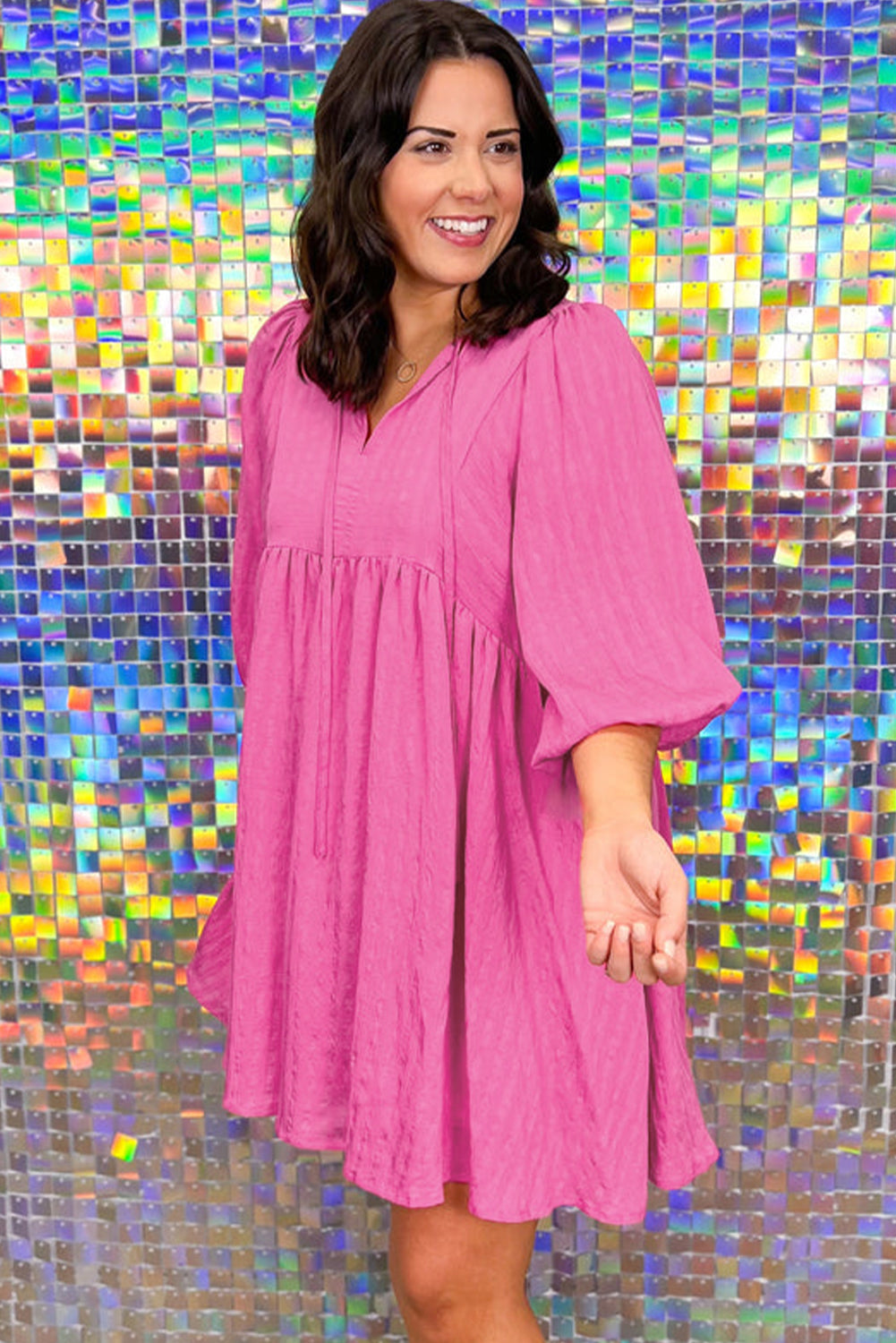 Sachet Pink Plus Size Textured Tie Split Neck Puff Sleeve Flowy Mini Dress