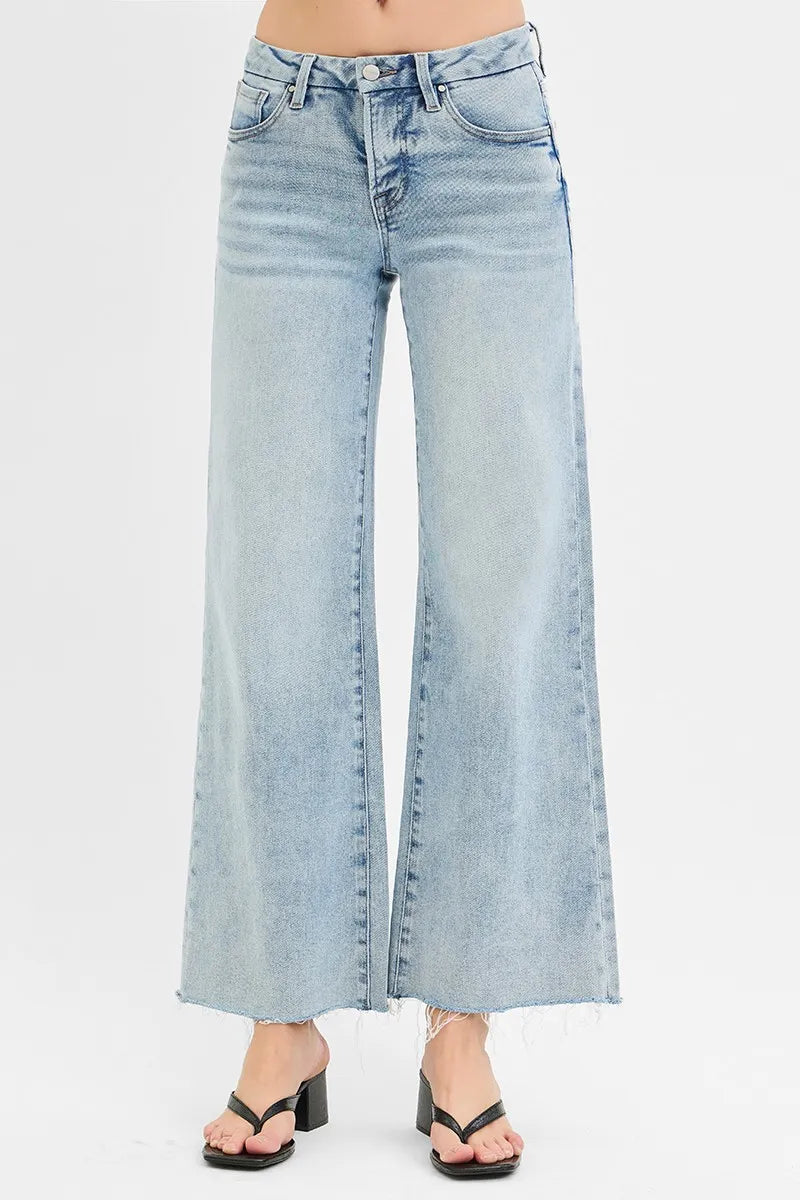 Risen Full Size Tummy Control Low Rise Wide Leg Raw Cut Hem Jeans Plus Size - Love Salve