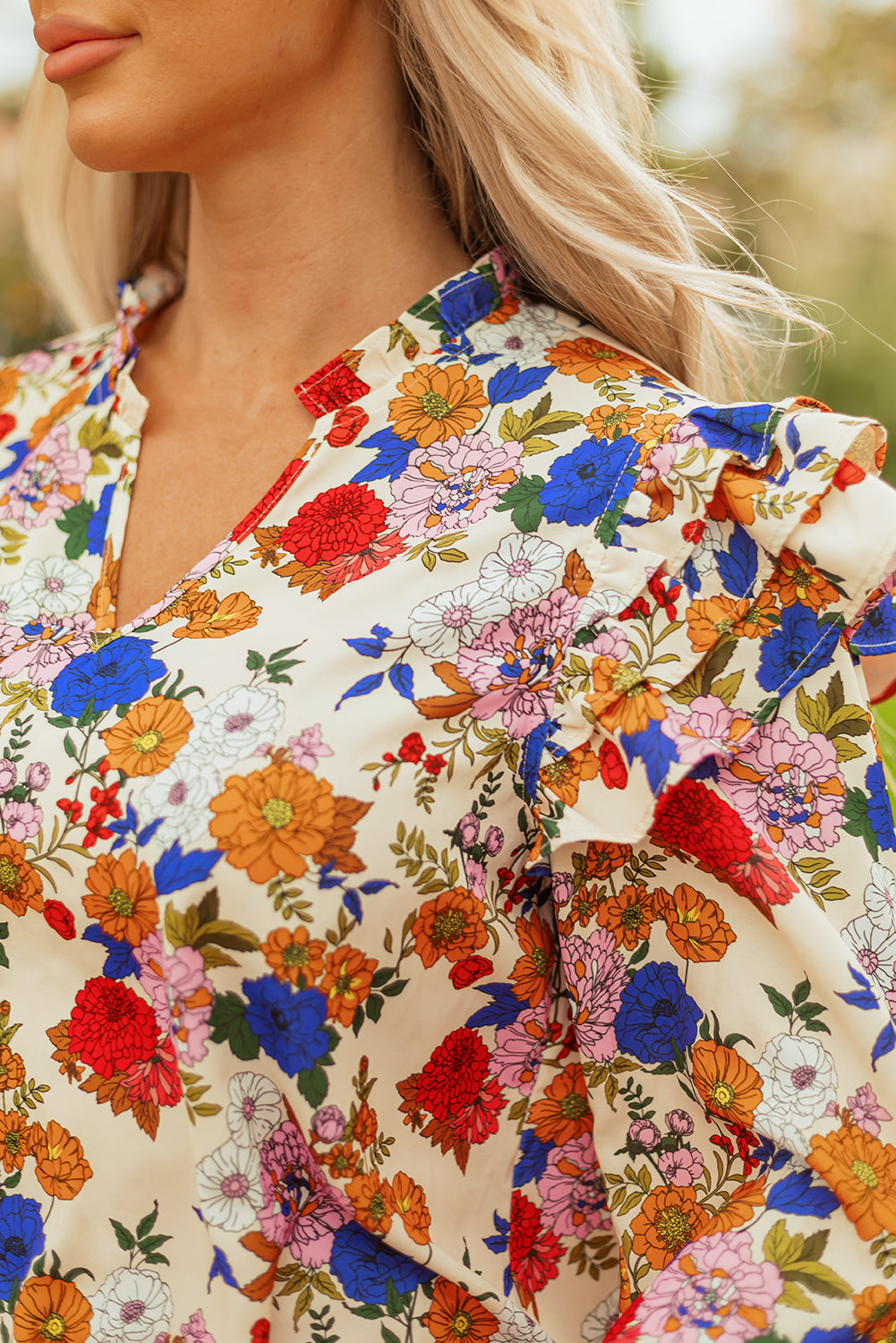 Premium Apricot Ruffled Shoulder Floral Long Sleeve Blouse