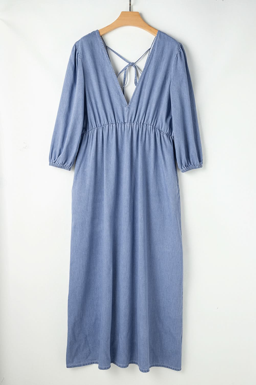 Breichled Myosotis Chambray Deep V gwddf llawes Maxi gwisg
