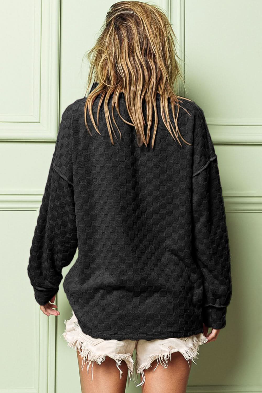 BiBi Checkered Round Neck Exposed Seam Top - Love Salve